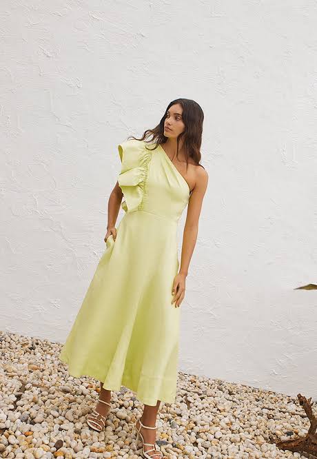 Aje Bonjour Asymmetric Midi Dress Lime Green